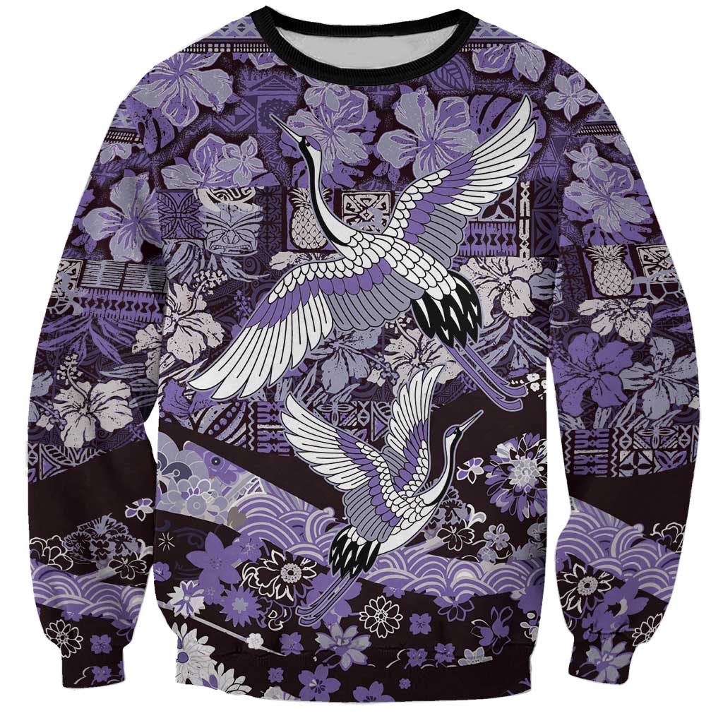 Japanese Hawaiian Crane Sweatshirt Purple Tapa Patchwork Pattern