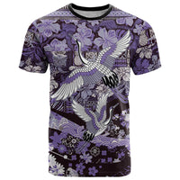 Japanese Hawaiian Crane T Shirt Purple Tapa Patchwork Pattern