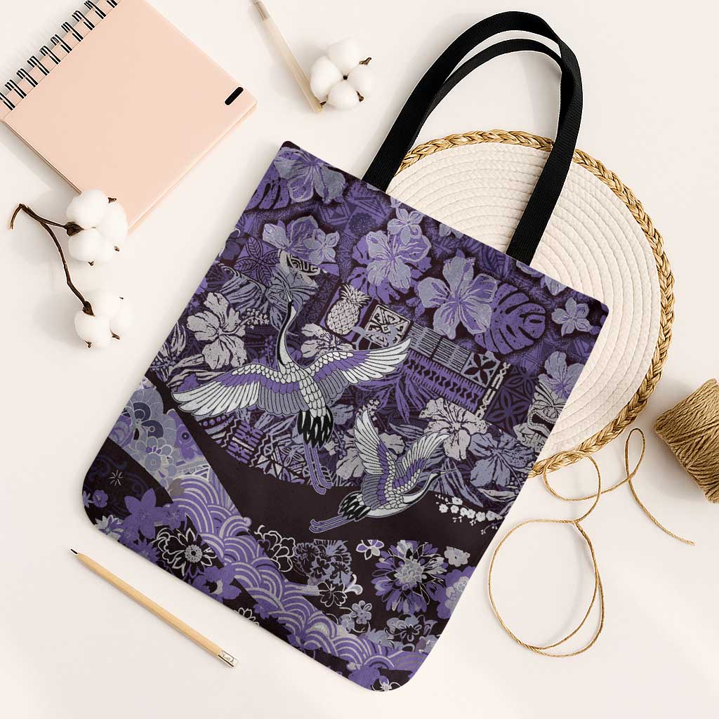Japanese Hawaiian Crane Tote Bag Purple Tapa Patchwork Pattern