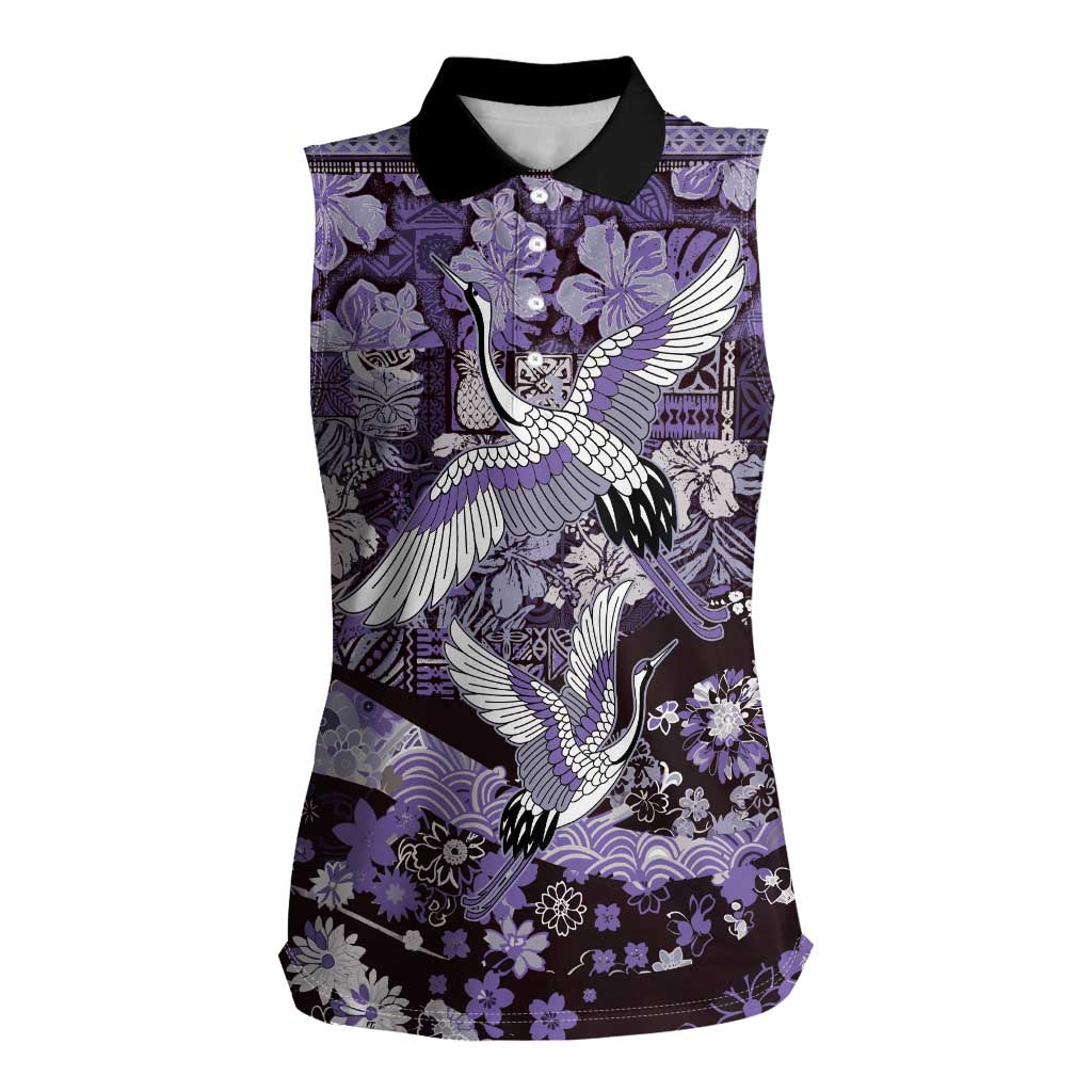 Japanese Hawaiian Crane Women Sleeveless Polo Shirt Purple Tapa Patchwork Pattern