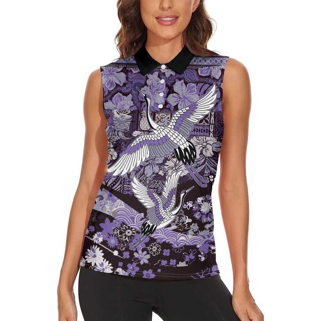 Japanese Hawaiian Crane Women Sleeveless Polo Shirt Purple Tapa Patchwork Pattern