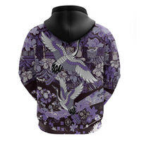 Japanese Hawaiian Crane Zip Hoodie Purple Tapa Patchwork Pattern