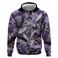 Japanese Hawaiian Crane Zip Hoodie Purple Tapa Patchwork Pattern