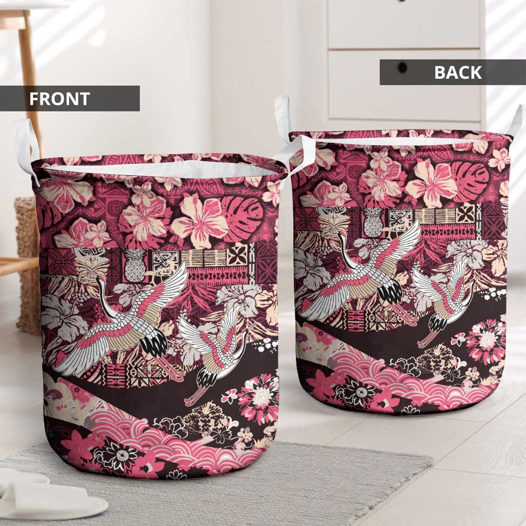 Japanese Hawaiian Crane Laundry Basket Soft Pink Tapa Patchwork Pattern