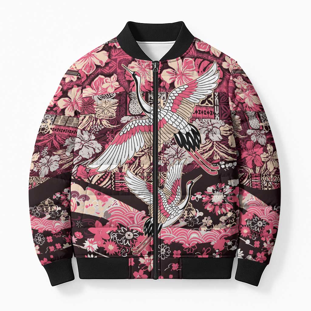 Japanese Hawaiian Crane Bomber Puffer Jacket Soft Pink Tapa Patchwork Pattern
