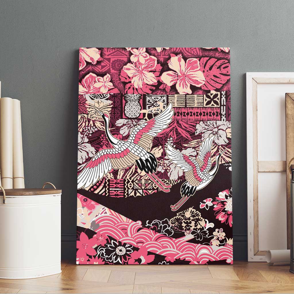 Japanese Hawaiian Crane Canvas Wall Art Soft Pink Tapa Patchwork Pattern