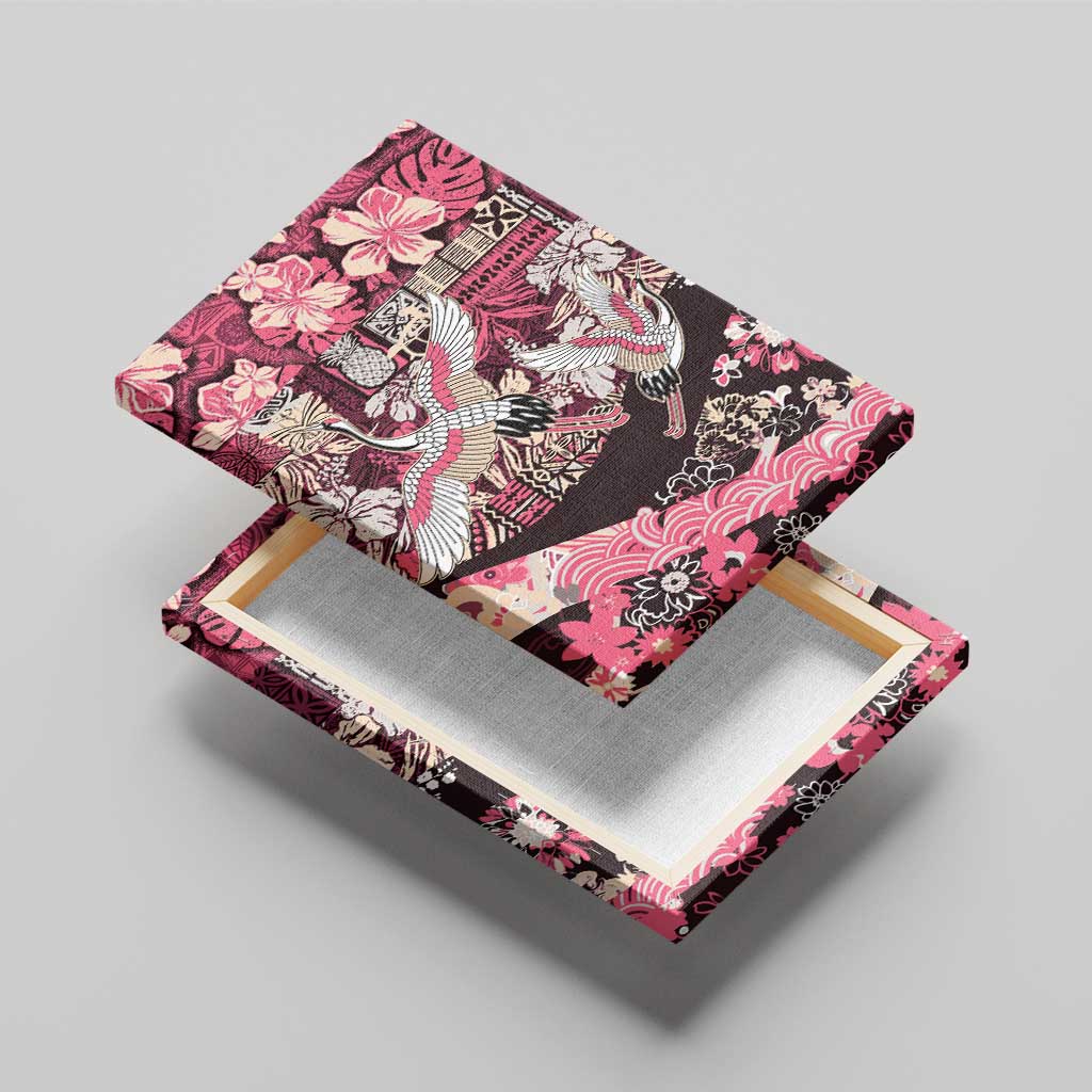 Japanese Hawaiian Crane Canvas Wall Art Soft Pink Tapa Patchwork Pattern