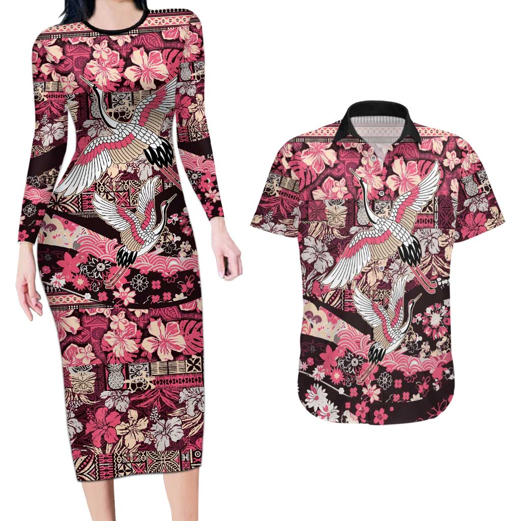 Japanese Hawaiian Crane Couples Matching Long Sleeve Bodycon Dress and Hawaiian Shirt Soft Pink Tapa Patchwork Pattern
