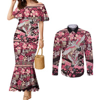 Japanese Hawaiian Crane Couples Matching Mermaid Dress and Long Sleeve Button Shirt Soft Pink Tapa Patchwork Pattern