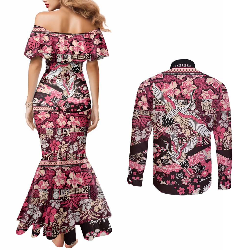 Japanese Hawaiian Crane Couples Matching Mermaid Dress and Long Sleeve Button Shirt Soft Pink Tapa Patchwork Pattern