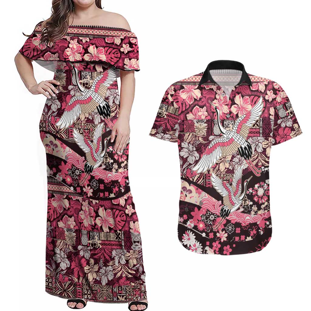 Japanese Hawaiian Crane Couples Matching Off Shoulder Maxi Dress and Hawaiian Shirt Soft Pink Tapa Patchwork Pattern
