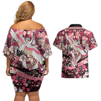 Japanese Hawaiian Crane Couples Matching Off Shoulder Short Dress and Hawaiian Shirt Soft Pink Tapa Patchwork Pattern
