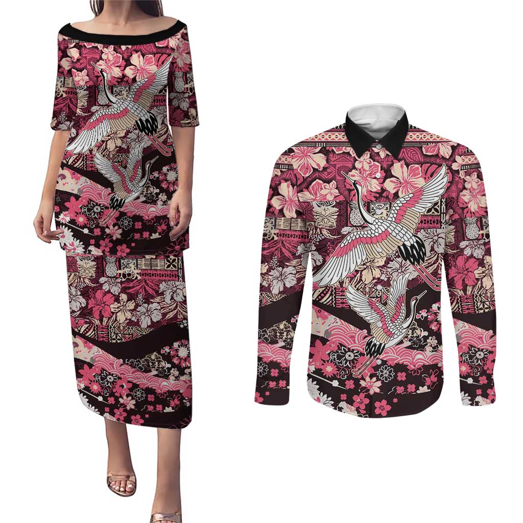 Japanese Hawaiian Crane Couples Matching Puletasi and Long Sleeve Button Shirt Soft Pink Tapa Patchwork Pattern