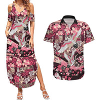 Japanese Hawaiian Crane Couples Matching Summer Maxi Dress and Hawaiian Shirt Soft Pink Tapa Patchwork Pattern