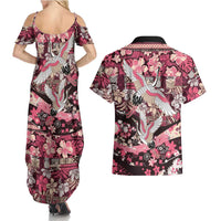 Japanese Hawaiian Crane Couples Matching Summer Maxi Dress and Hawaiian Shirt Soft Pink Tapa Patchwork Pattern