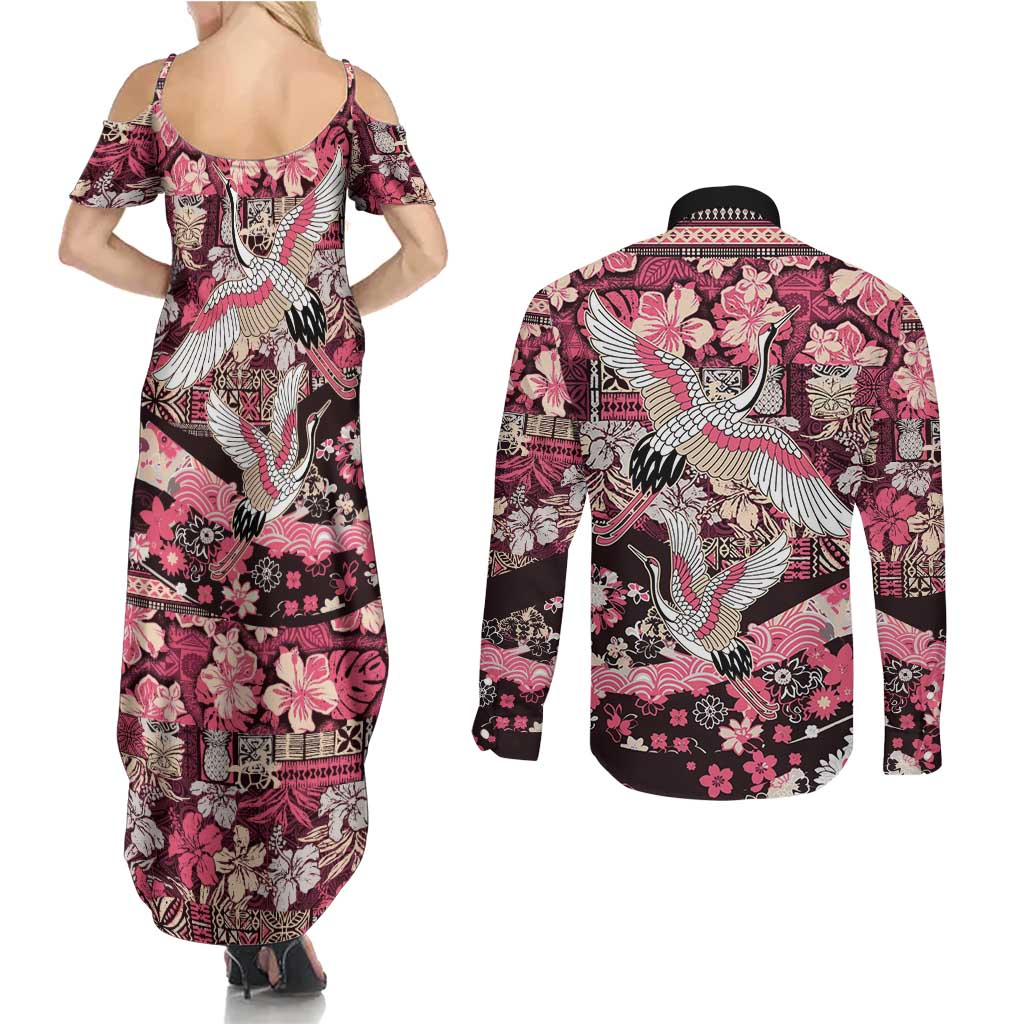 Japanese Hawaiian Crane Couples Matching Summer Maxi Dress and Long Sleeve Button Shirt Soft Pink Tapa Patchwork Pattern LT9 - Polynesian Pride