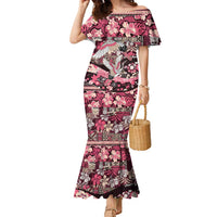 Japanese Hawaiian Crane Family Matching Mermaid Dress and Hawaiian Shirt Soft Pink Tapa Patchwork Pattern