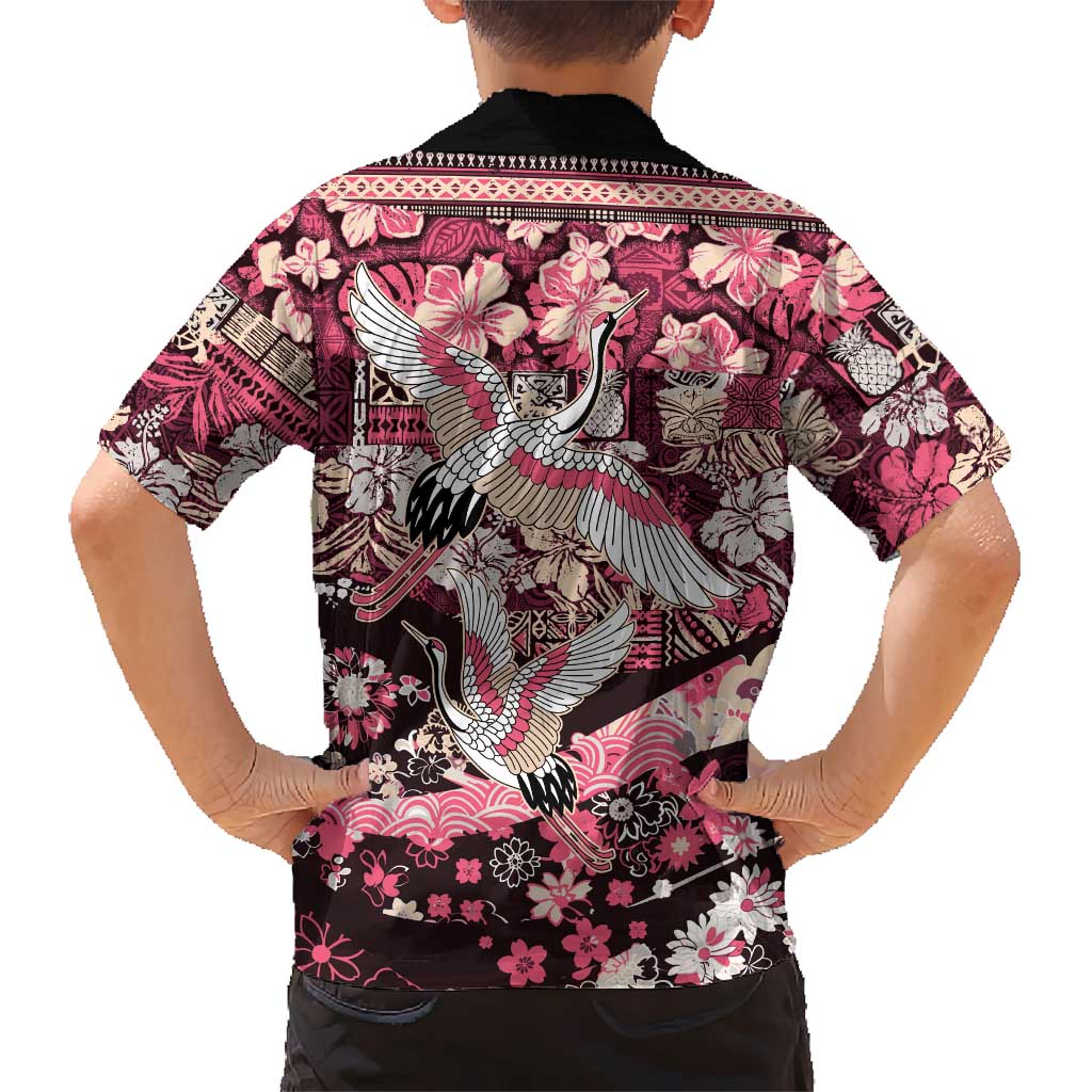 Japanese Hawaiian Crane Family Matching Off The Shoulder Long Sleeve Dress and Hawaiian Shirt Soft Pink Tapa Patchwork Pattern LT9 - Polynesian Pride
