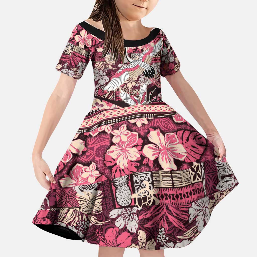 Japanese Hawaiian Crane Family Matching Off The Shoulder Long Sleeve Dress and Hawaiian Shirt Soft Pink Tapa Patchwork Pattern LT9 Daughter's Dress Pink - Polynesian Pride