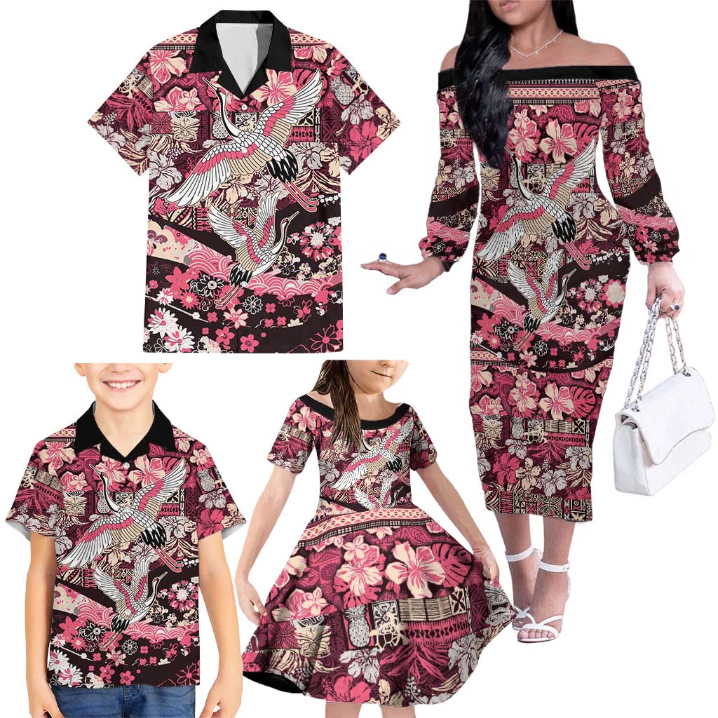 Japanese Hawaiian Crane Family Matching Off The Shoulder Long Sleeve Dress and Hawaiian Shirt Soft Pink Tapa Patchwork Pattern LT9 - Polynesian Pride