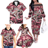 Japanese Hawaiian Crane Family Matching Off The Shoulder Long Sleeve Dress and Hawaiian Shirt Soft Pink Tapa Patchwork Pattern LT9 - Polynesian Pride