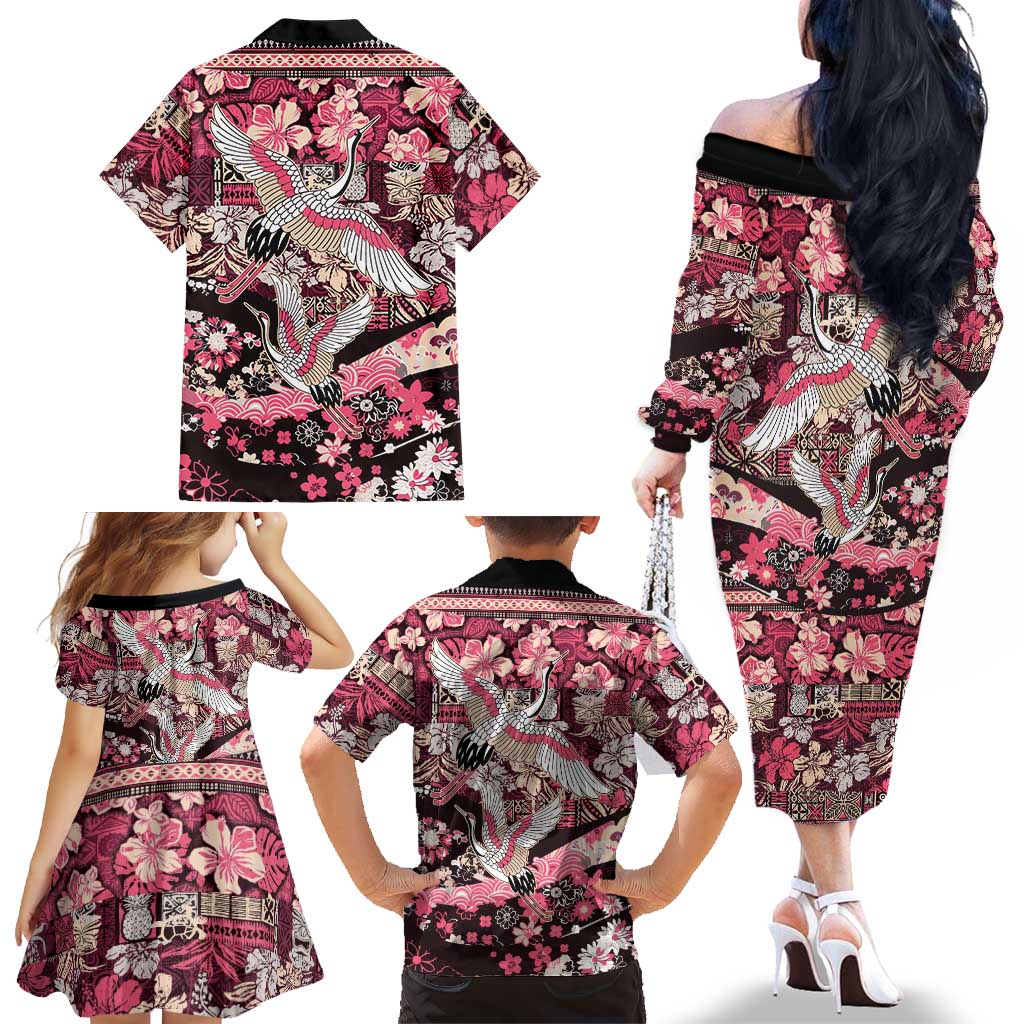 Japanese Hawaiian Crane Family Matching Off The Shoulder Long Sleeve Dress and Hawaiian Shirt Soft Pink Tapa Patchwork Pattern LT9 - Polynesian Pride