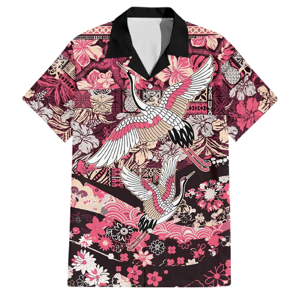 Japanese Hawaiian Crane Family Matching Off The Shoulder Long Sleeve Dress and Hawaiian Shirt Soft Pink Tapa Patchwork Pattern LT9 Dad's Shirt - Short Sleeve Pink - Polynesian Pride