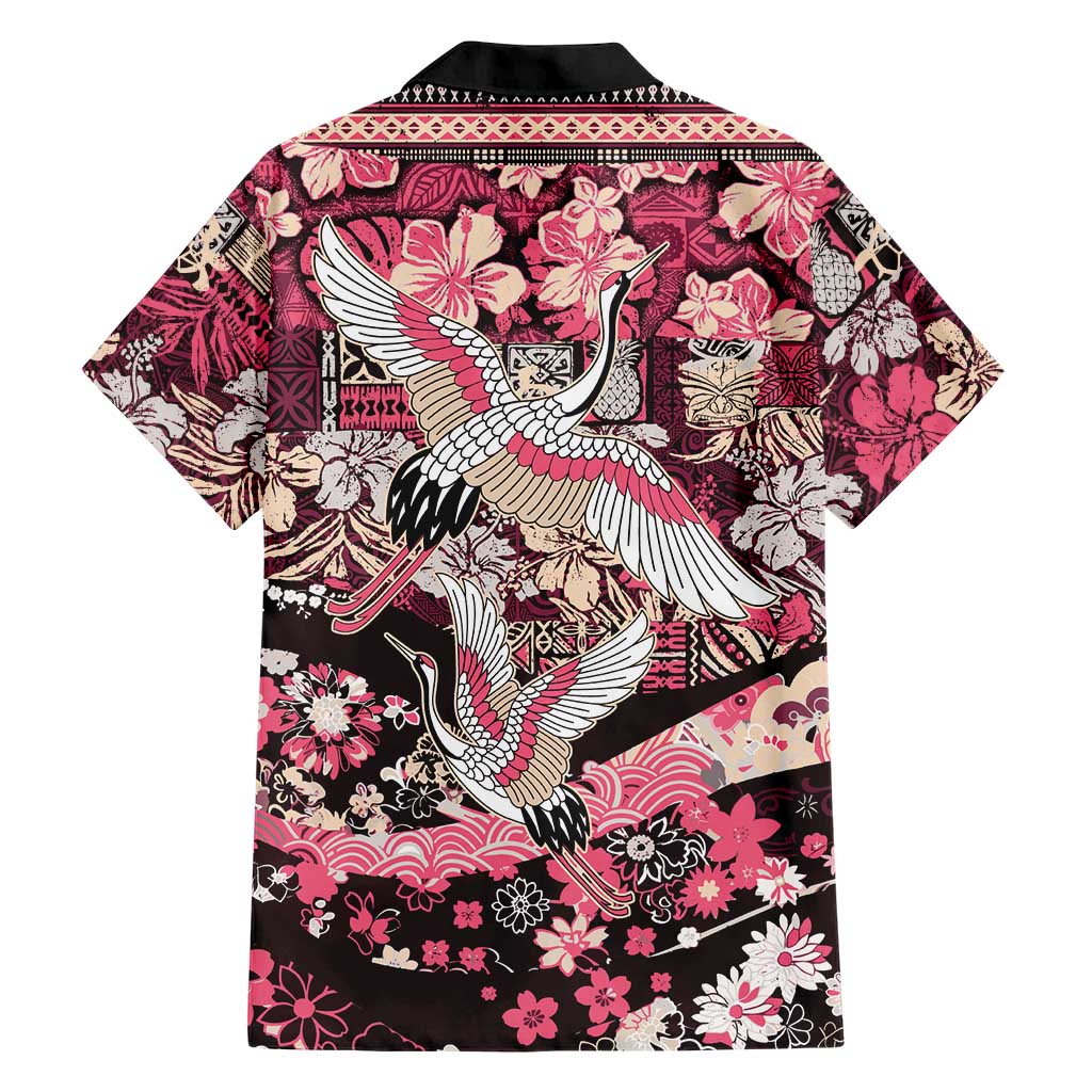 Japanese Hawaiian Crane Family Matching Off The Shoulder Long Sleeve Dress and Hawaiian Shirt Soft Pink Tapa Patchwork Pattern LT9 - Polynesian Pride