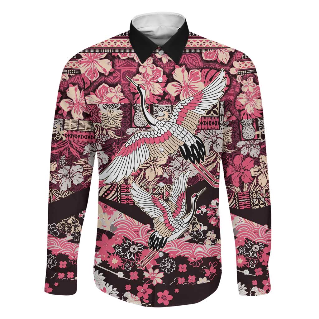 Japanese Hawaiian Crane Family Matching Off The Shoulder Long Sleeve Dress and Hawaiian Shirt Soft Pink Tapa Patchwork Pattern LT9 Dad's Shirt - Long Sleeve Pink - Polynesian Pride