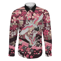 Japanese Hawaiian Crane Family Matching Off The Shoulder Long Sleeve Dress and Hawaiian Shirt Soft Pink Tapa Patchwork Pattern LT9 Dad's Shirt - Long Sleeve Pink - Polynesian Pride