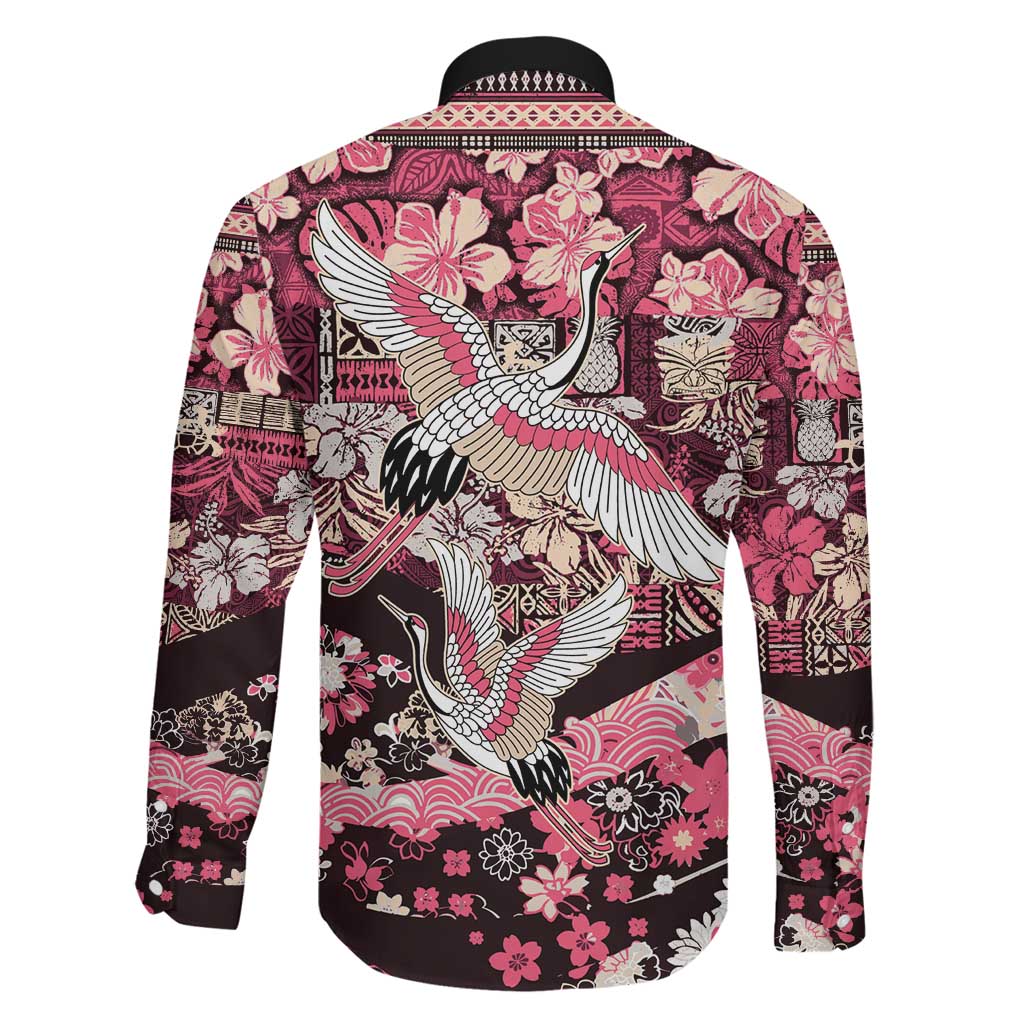 Japanese Hawaiian Crane Family Matching Off The Shoulder Long Sleeve Dress and Hawaiian Shirt Soft Pink Tapa Patchwork Pattern LT9 - Polynesian Pride