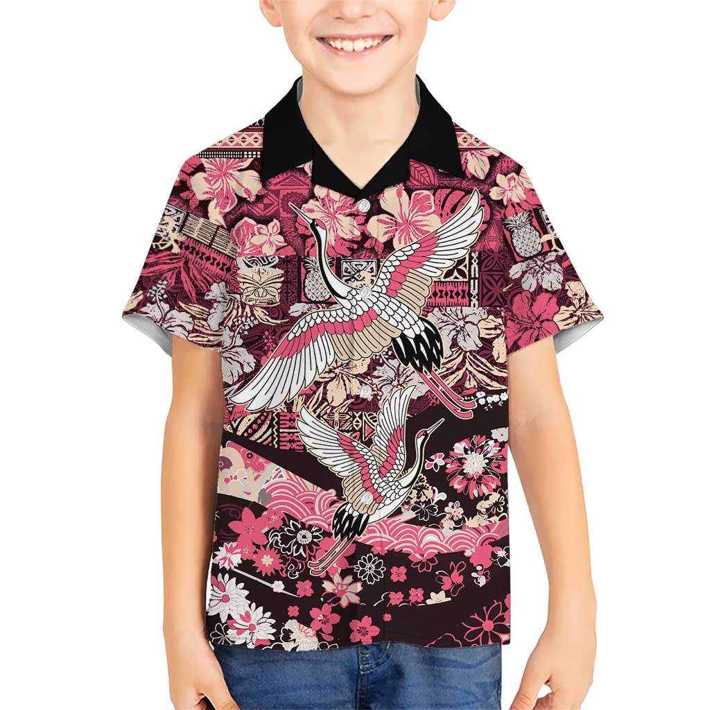 Japanese Hawaiian Crane Family Matching Off The Shoulder Long Sleeve Dress and Hawaiian Shirt Soft Pink Tapa Patchwork Pattern LT9 Son's Shirt Pink - Polynesian Pride