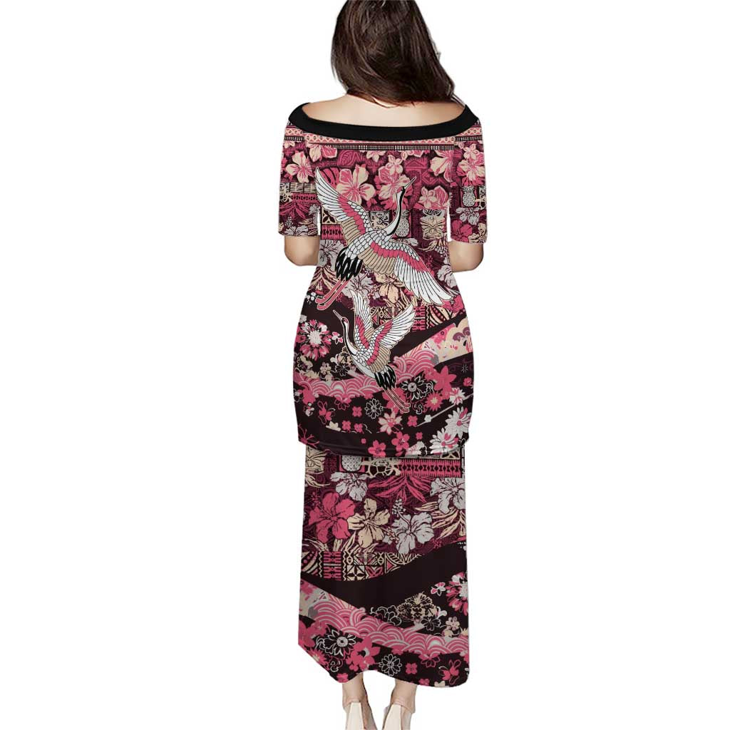 Japanese Hawaiian Crane Family Matching Puletasi and Hawaiian Shirt Soft Pink Tapa Patchwork Pattern LT9 - Polynesian Pride