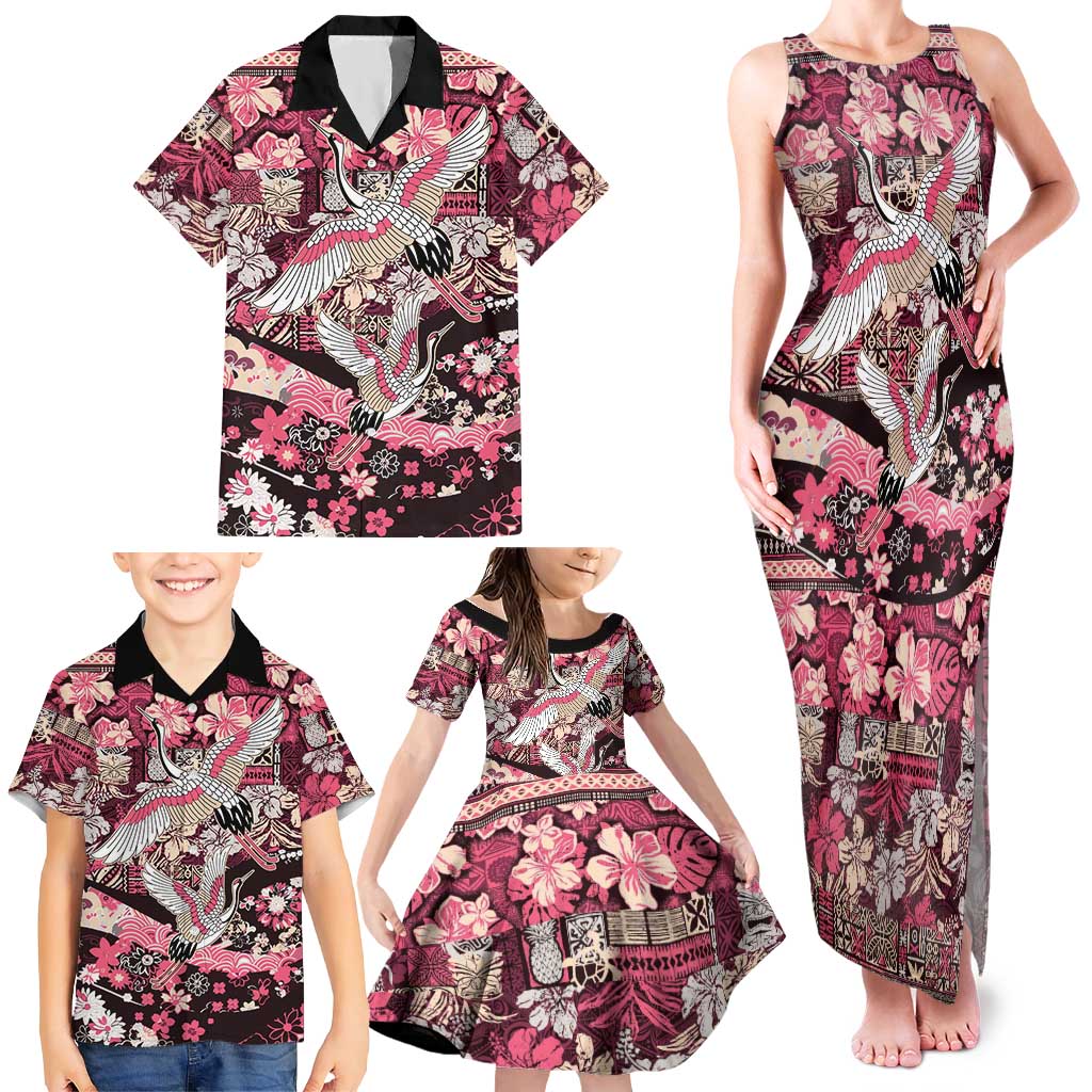 Japanese Hawaiian Crane Family Matching Tank Maxi Dress and Hawaiian Shirt Soft Pink Tapa Patchwork Pattern
