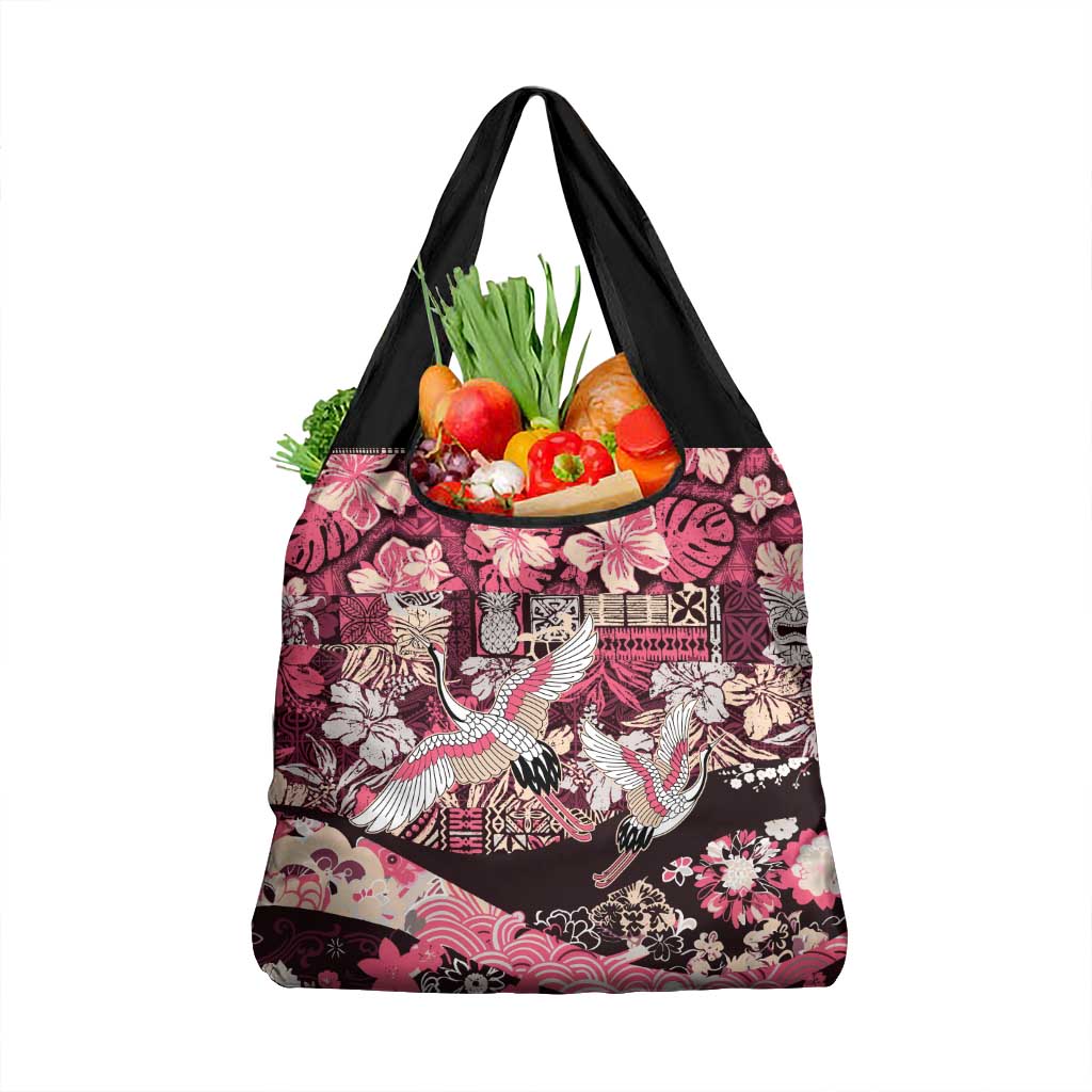 Japanese Hawaiian Crane Grocery Bag Soft Pink Tapa Patchwork Pattern