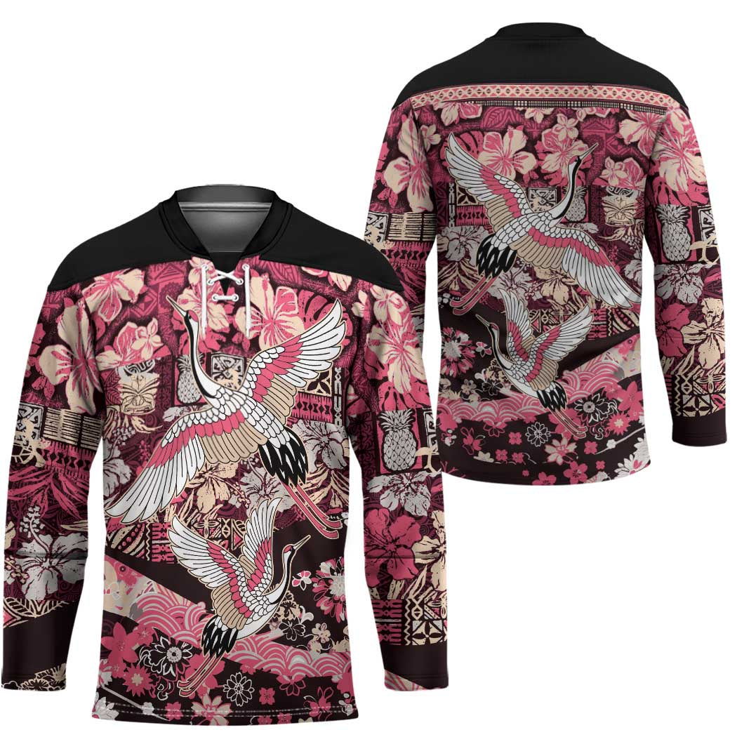 Japanese Hawaiian Crane Hockey Jersey Soft Pink Tapa Patchwork Pattern