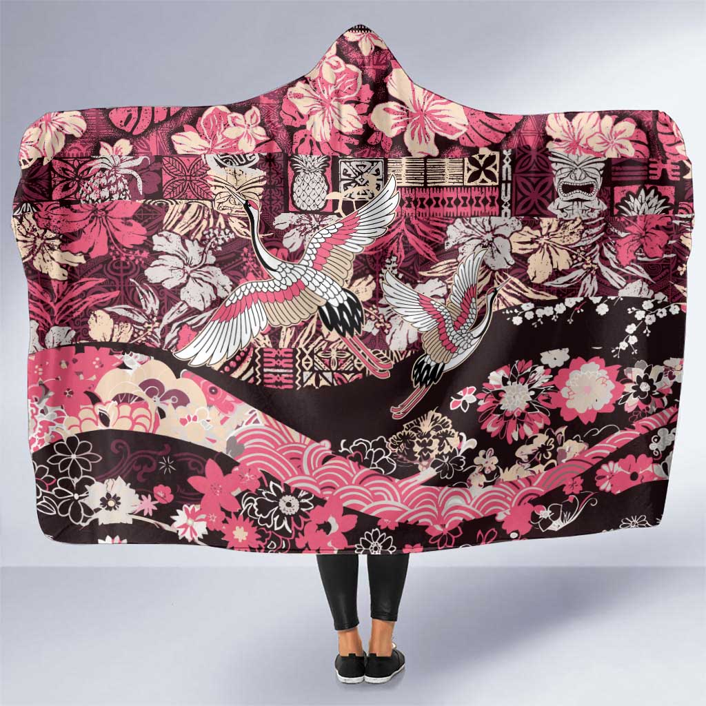 Japanese Hawaiian Crane Hooded Blanket Soft Pink Tapa Patchwork Pattern