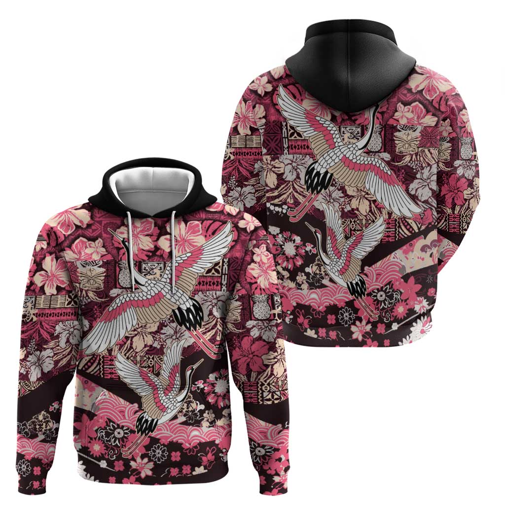 Japanese Hawaiian Crane Hoodie Soft Pink Tapa Patchwork Pattern LT9 - Polynesian Pride