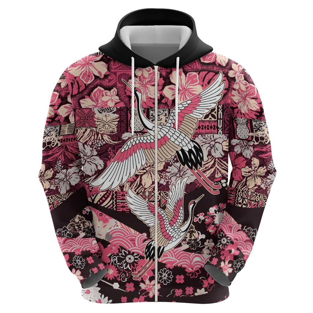 Japanese Hawaiian Crane Hoodie Soft Pink Tapa Patchwork Pattern LT9 - Polynesian Pride