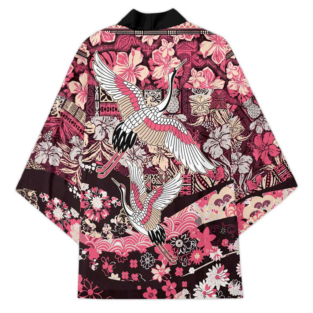 Japanese Hawaiian Crane Kimono Soft Pink Tapa Patchwork Pattern LT9 - Polynesian Pride