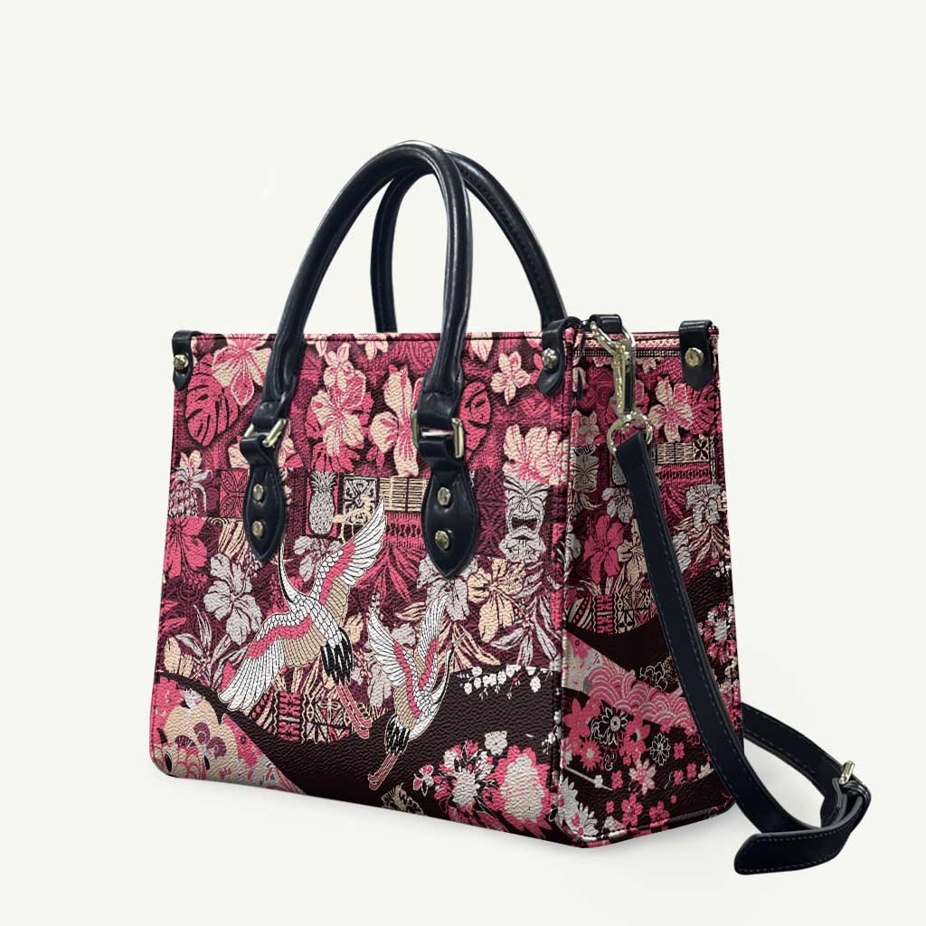Japanese Hawaiian Crane Leather Bag Soft Pink Tapa Patchwork Pattern LT9 Pink - Polynesian Pride