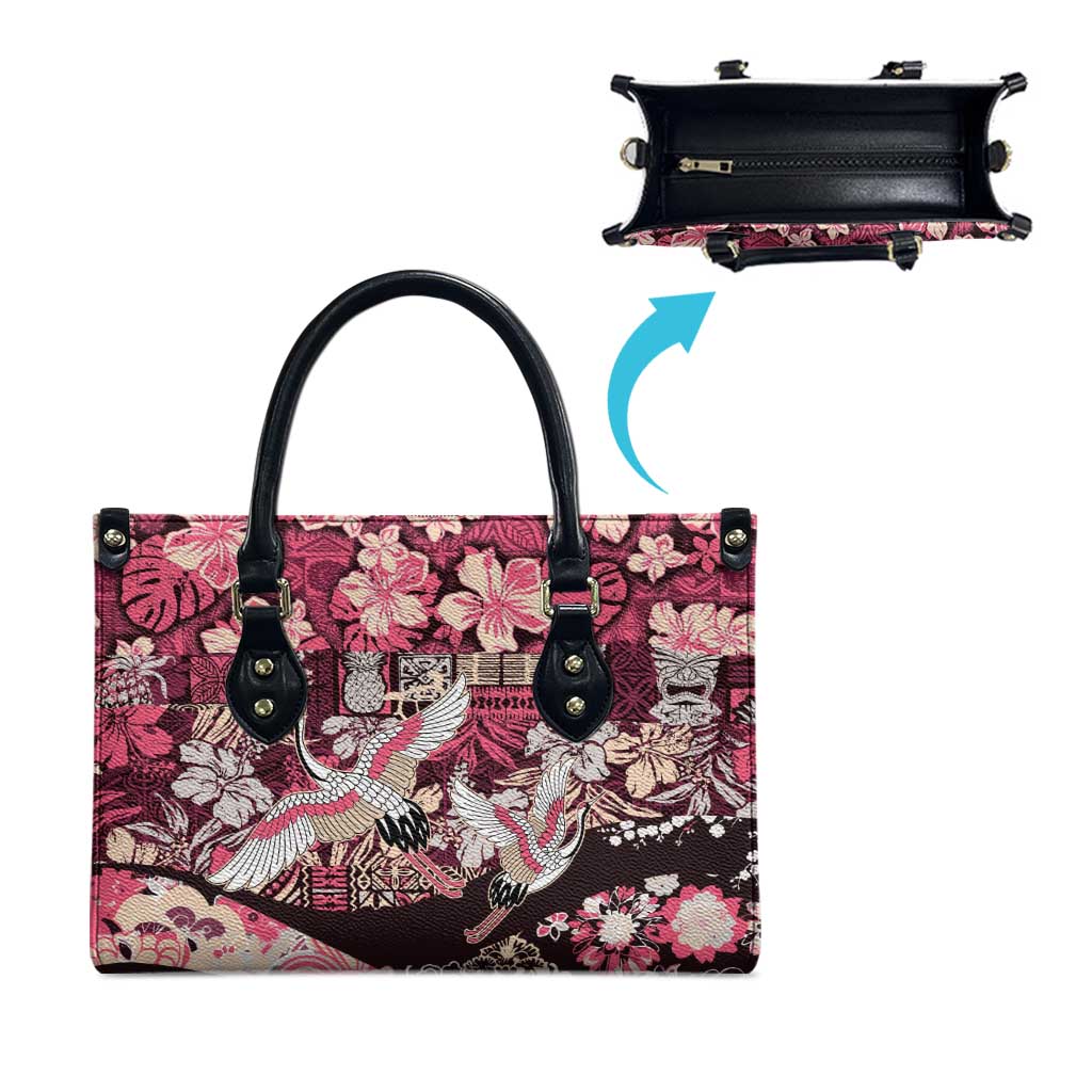 Japanese Hawaiian Crane Leather Bag Soft Pink Tapa Patchwork Pattern LT9 - Polynesian Pride