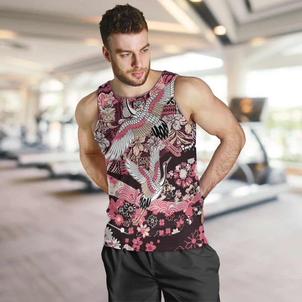 Japanese Hawaiian Crane Men Tank Top Soft Pink Tapa Patchwork Pattern LT9 Pink - Polynesian Pride