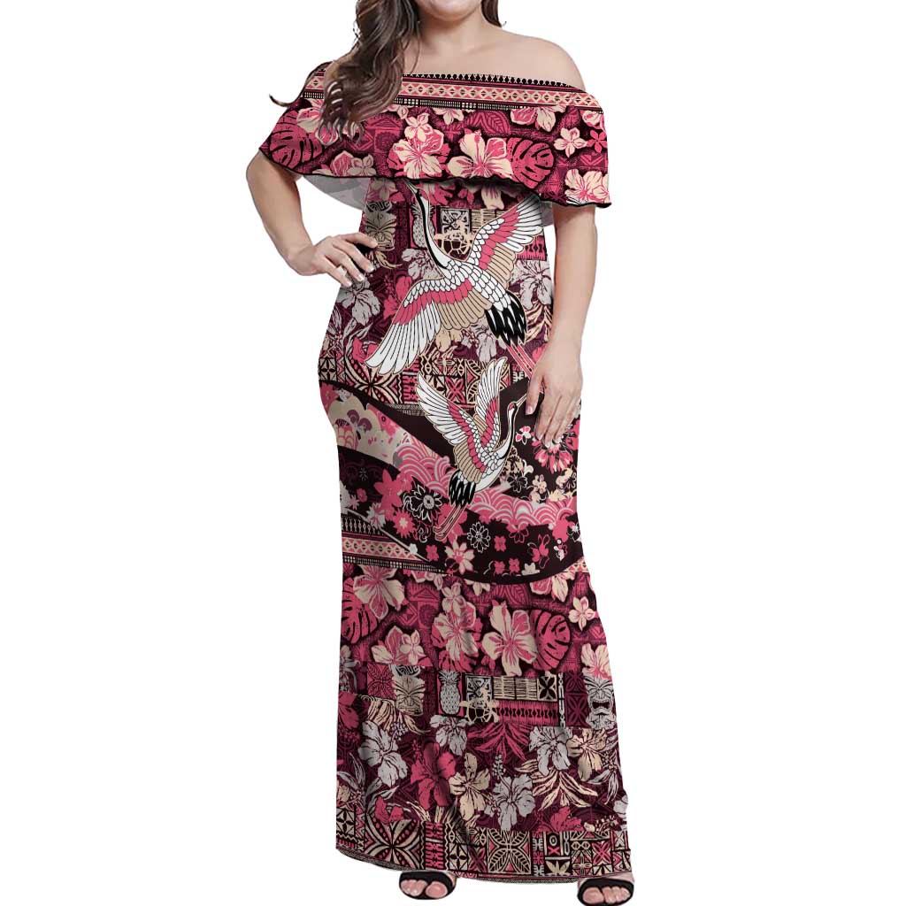 Japanese Hawaiian Crane Off Shoulder Maxi Dress Soft Pink Tapa Patchwork Pattern