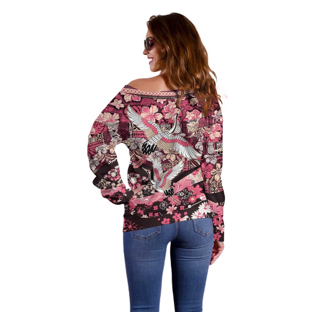 Japanese Hawaiian Crane Off Shoulder Sweater Soft Pink Tapa Patchwork Pattern