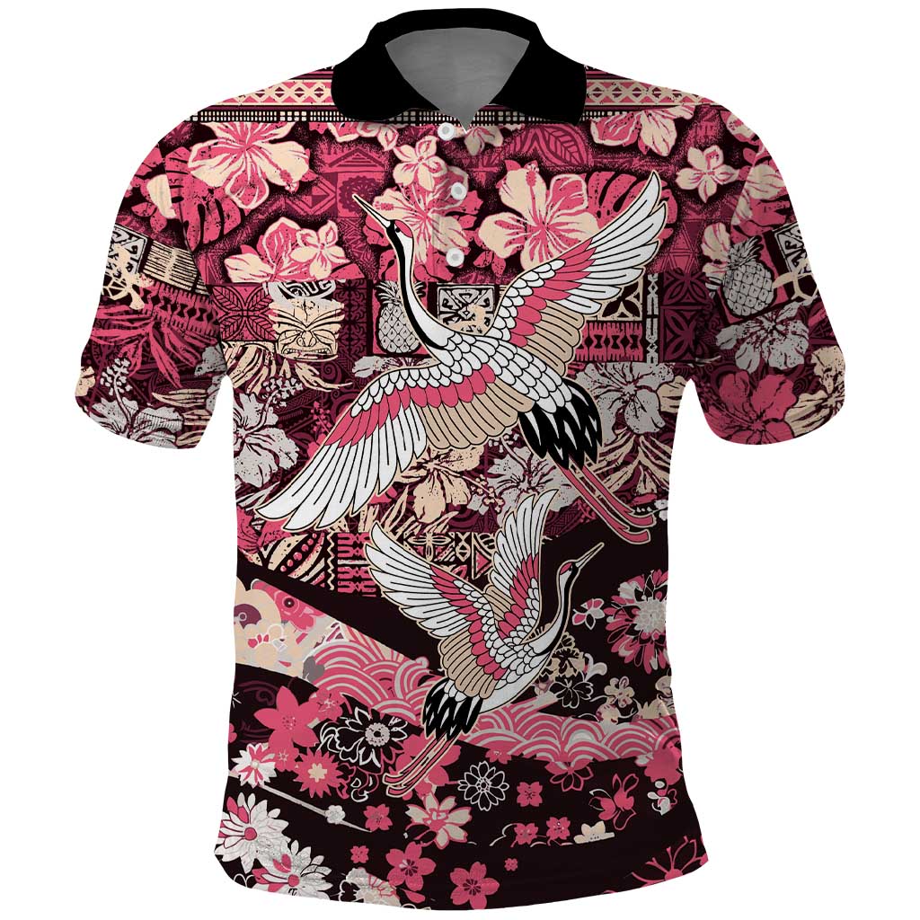 Japanese Hawaiian Crane Polo Shirt Soft Pink Tapa Patchwork Pattern
