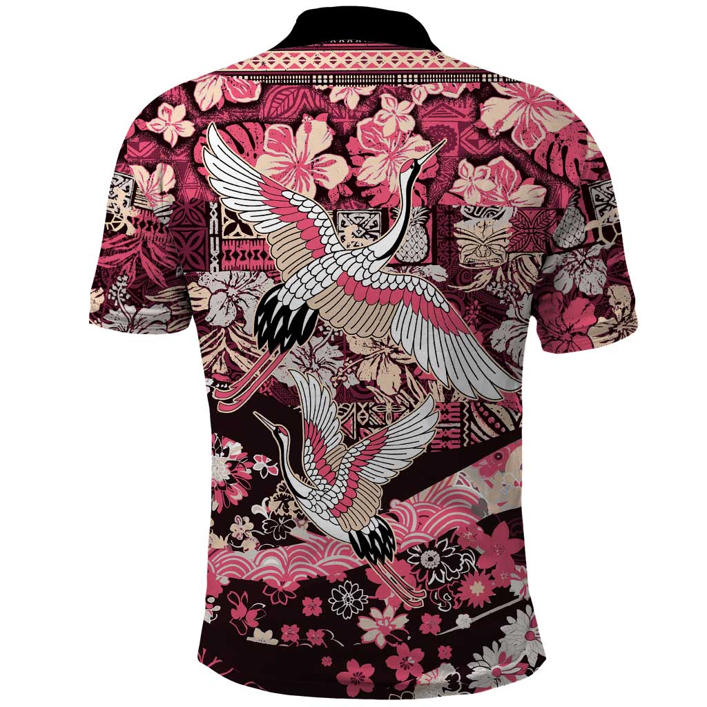 Japanese Hawaiian Crane Polo Shirt Soft Pink Tapa Patchwork Pattern