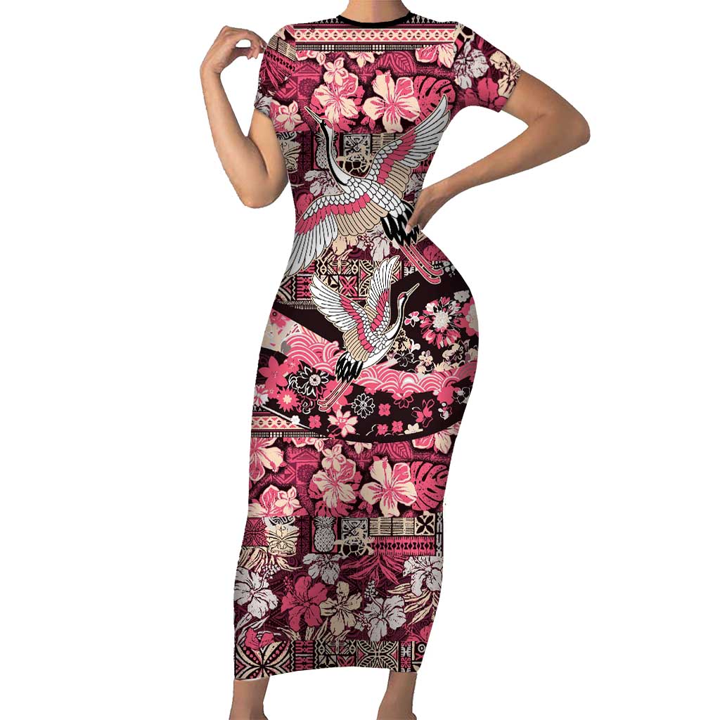 Japanese Hawaiian Crane Short Sleeve Bodycon Dress Soft Pink Tapa Patchwork Pattern