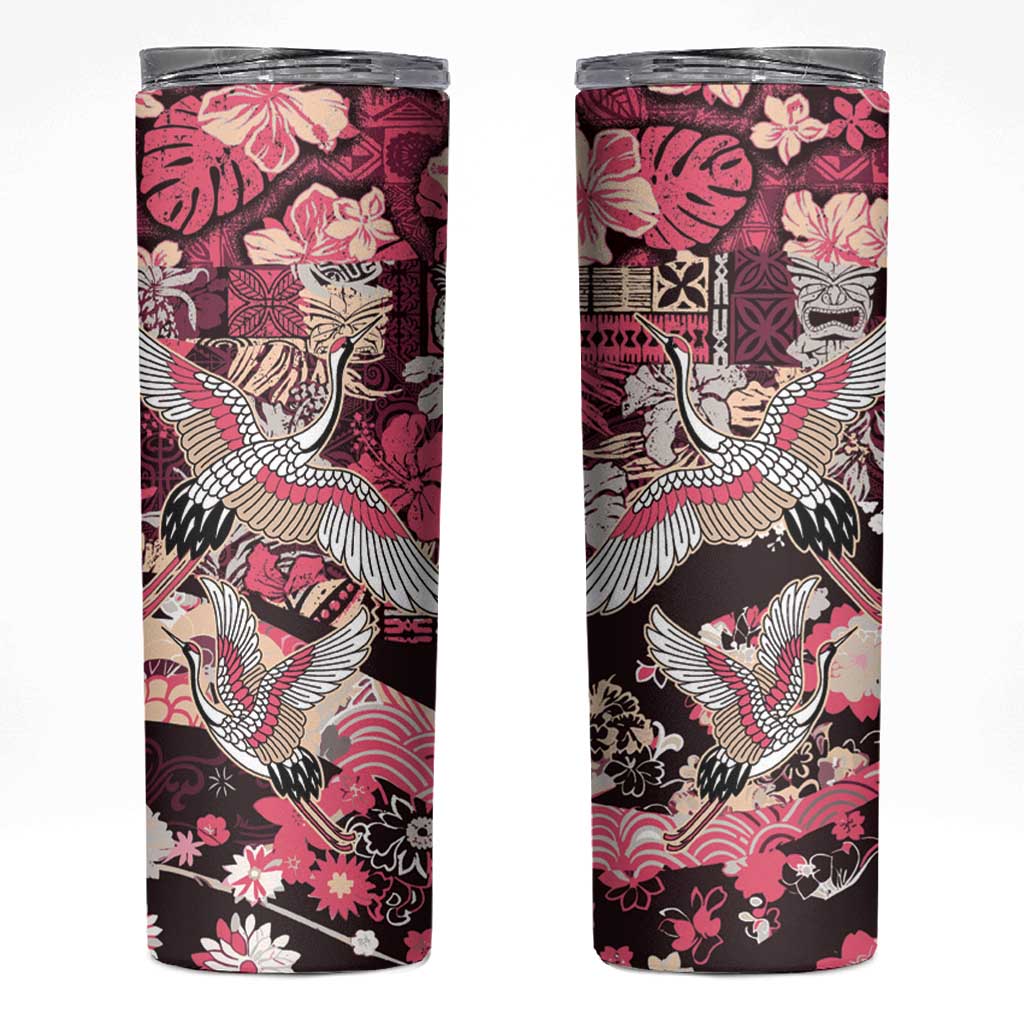 Japanese Hawaiian Crane Skinny Tumbler Soft Pink Tapa Patchwork Pattern