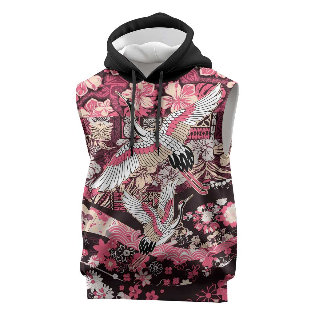 Japanese Hawaiian Crane Sleeveless Hoodie Soft Pink Tapa Patchwork Pattern